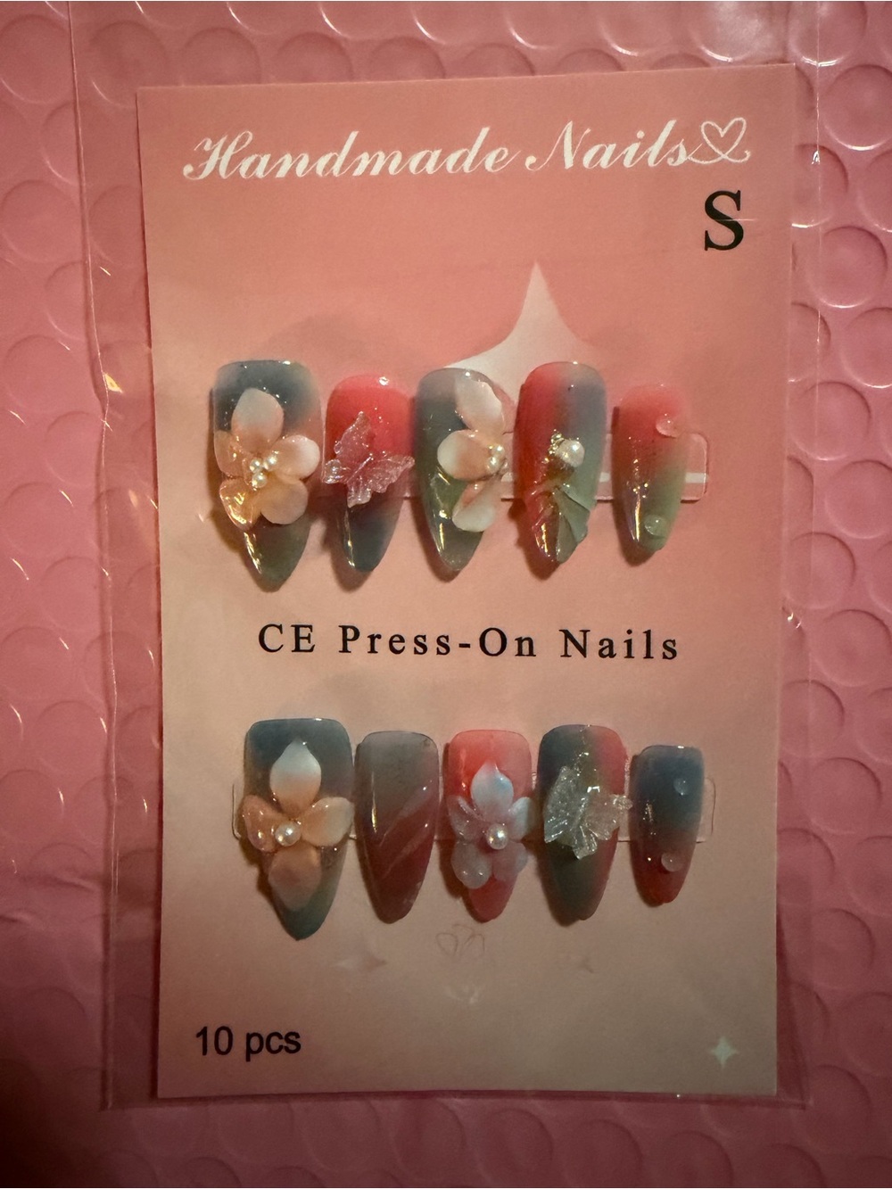 Handmade CE Press-On Nails - Pink & Blue Floral 10-Pack